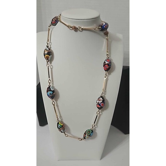 Estate Jewelry - Vintage Millefiori bead necklace with a gold-tone chain #0048